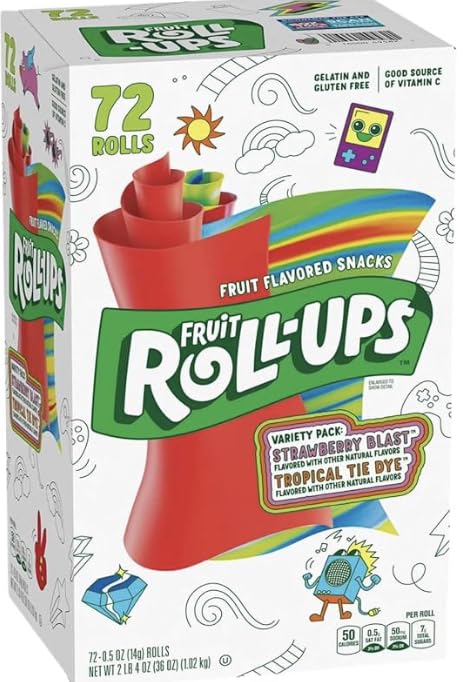 Fruits Roll-Ups – Lot de 72 collations aux fruits, assortiment de teinture par nouage aux fraises et tropicales, sans gélatine et sans gluten, 155,9 g