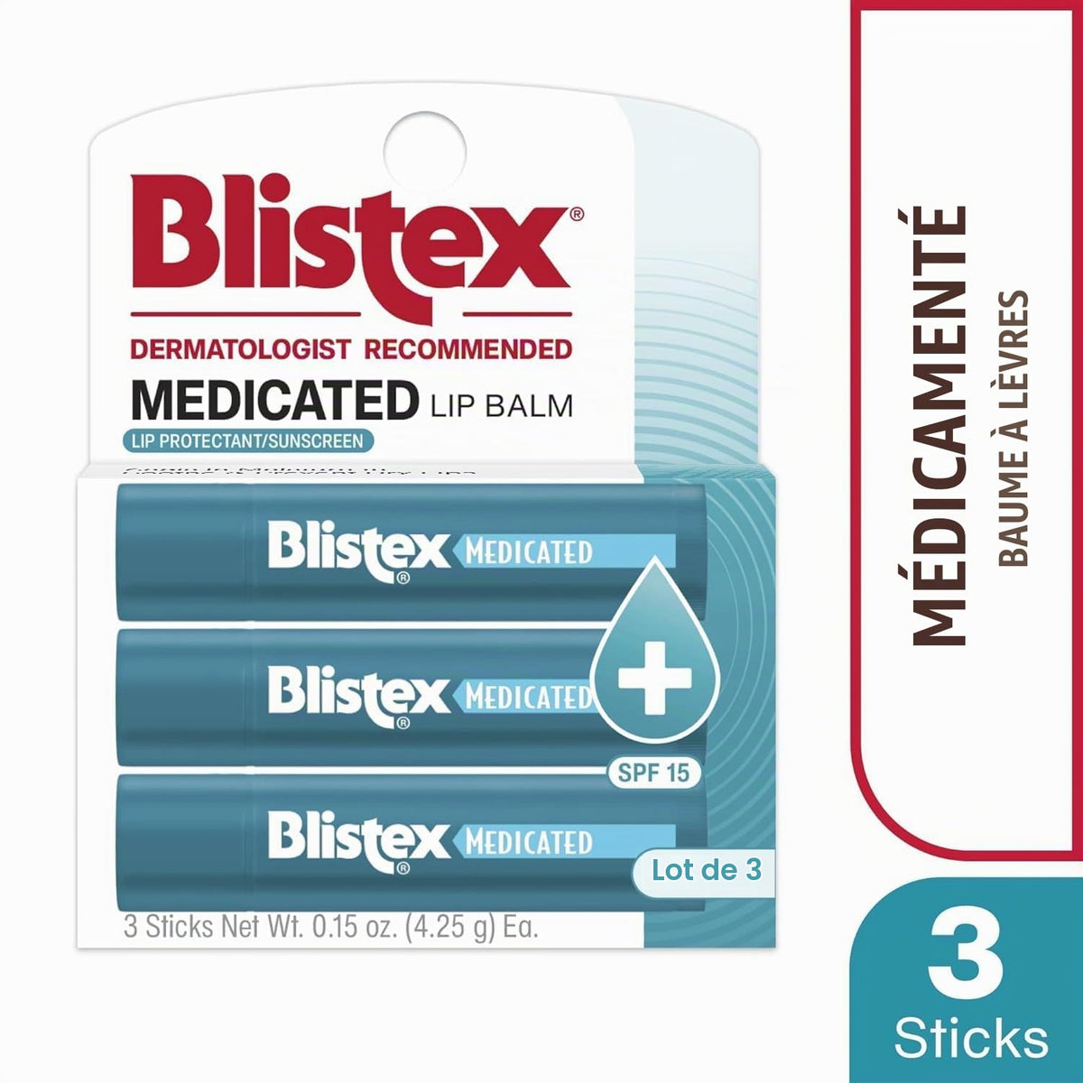 Blistex - Medicated Lip Balm - Baume pour les Lèvres - Ecran Total - SPF 15 - Pack de 3 - .15 oz (4.25 g)