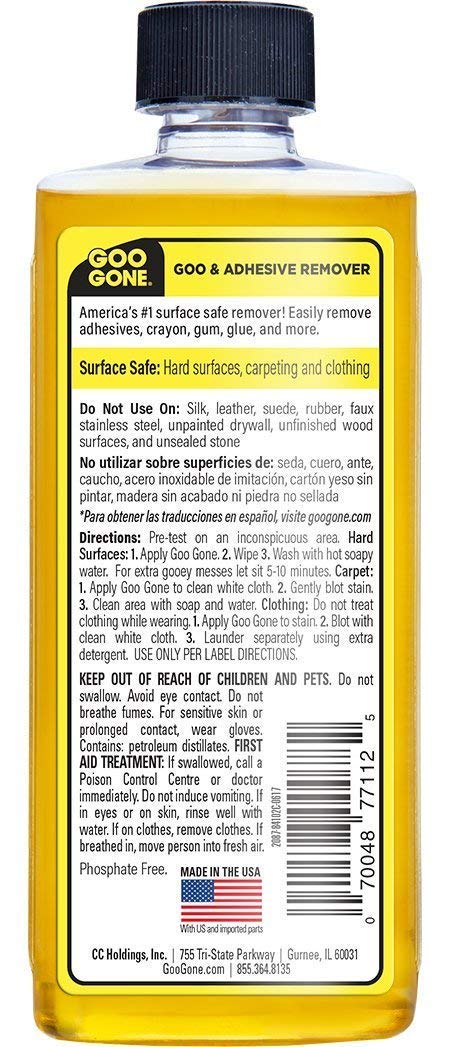 Goo Gone Original – 237 ml – Dissolvant adhésif sans danger pour la surface supprime en toute sécurité les autocollants étiquettes décalcomanies résidus ruban de gomme à mâcher graisse goudron – Lot