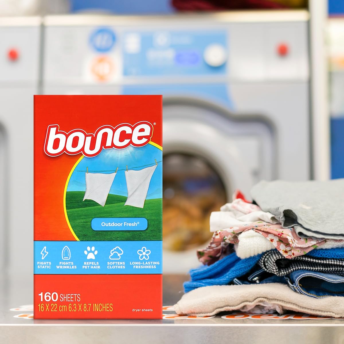 Bounce Lot de 160 draps adoucissants au parfum frais – Draps de nettoyage frais et secs durables pour sèche-linge – Aide à réduire les rides et adoucir les tissus, repousse les peluches et les cheveux