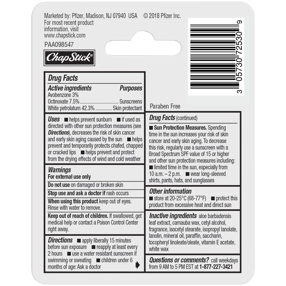Chapstick Lip Moisturizer- by Chapstick SPF 12, 3 Sticks