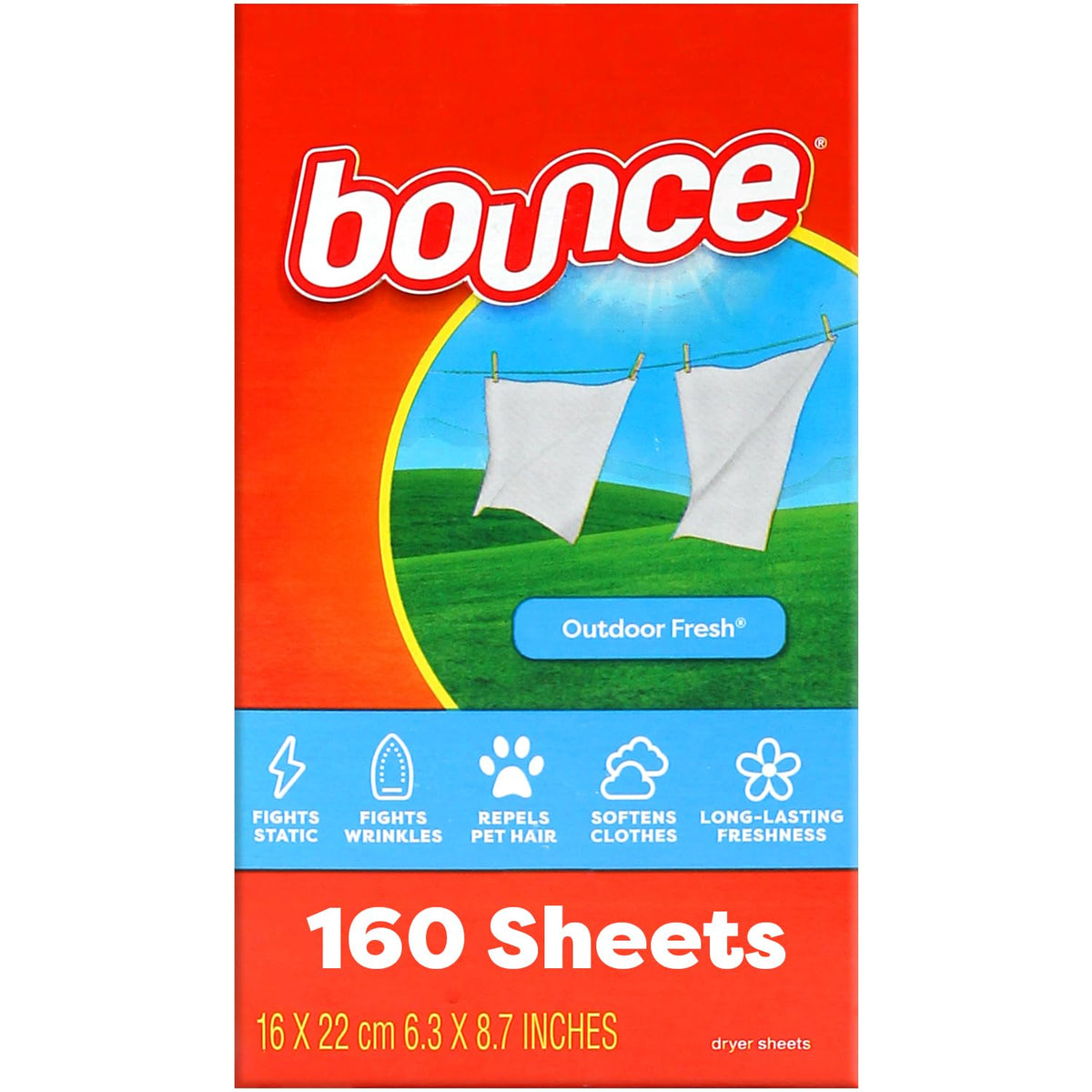 Bounce Lot de 160 draps adoucissants au parfum frais – Draps de nettoyage frais et secs durables pour sèche-linge – Aide à réduire les rides et adoucir les tissus, repousse les peluches et les cheveux