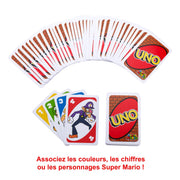 Mattel Games UNO® Super Mario Jeu de Cartes à l’effigie des Personnages du célèbre Jeu vidéo, Paquet de 112 Cartes illustrées, Cadeau pour collectionneurs et Enfants à partir de 7 Ans, DRD00