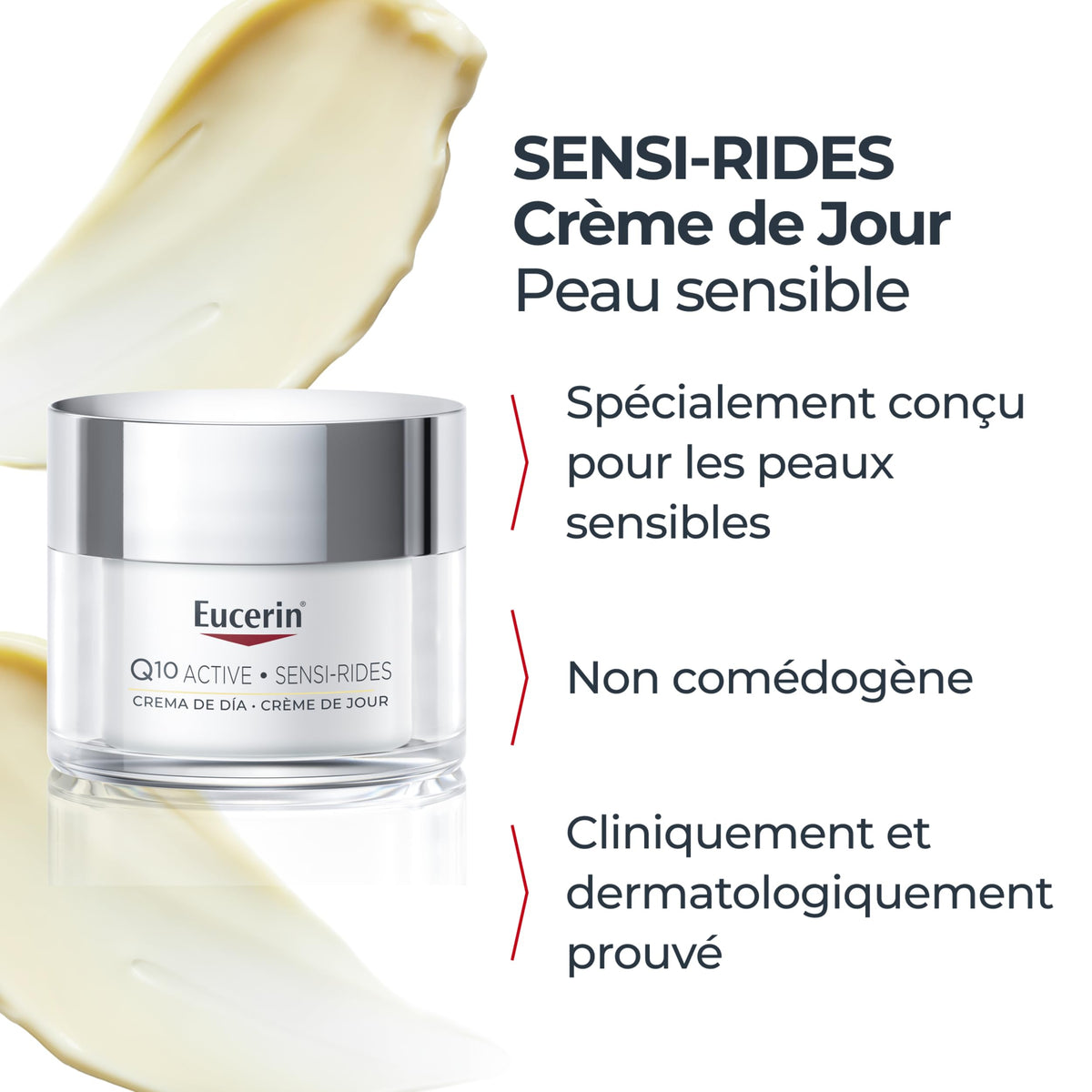 Eucerin Sensi-Rides Crème de Jour Anti-Rides Peau Sensible 50ml, Soin de jour hydratant, Crème visage anti-âge revitalisante et raffermissante, enrichie en coenzyme Q10, vitamine C et E et Biotine
