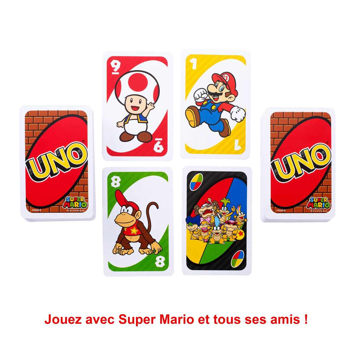 Mattel Games UNO® Super Mario Jeu de Cartes à l’effigie des Personnages du célèbre Jeu vidéo, Paquet de 112 Cartes illustrées, Cadeau pour collectionneurs et Enfants à partir de 7 Ans, DRD00
