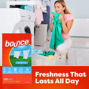 Bounce Lot de 160 draps adoucissants au parfum frais – Draps de nettoyage frais et secs durables pour sèche-linge – Aide à réduire les rides et adoucir les tissus, repousse les peluches et les cheveux