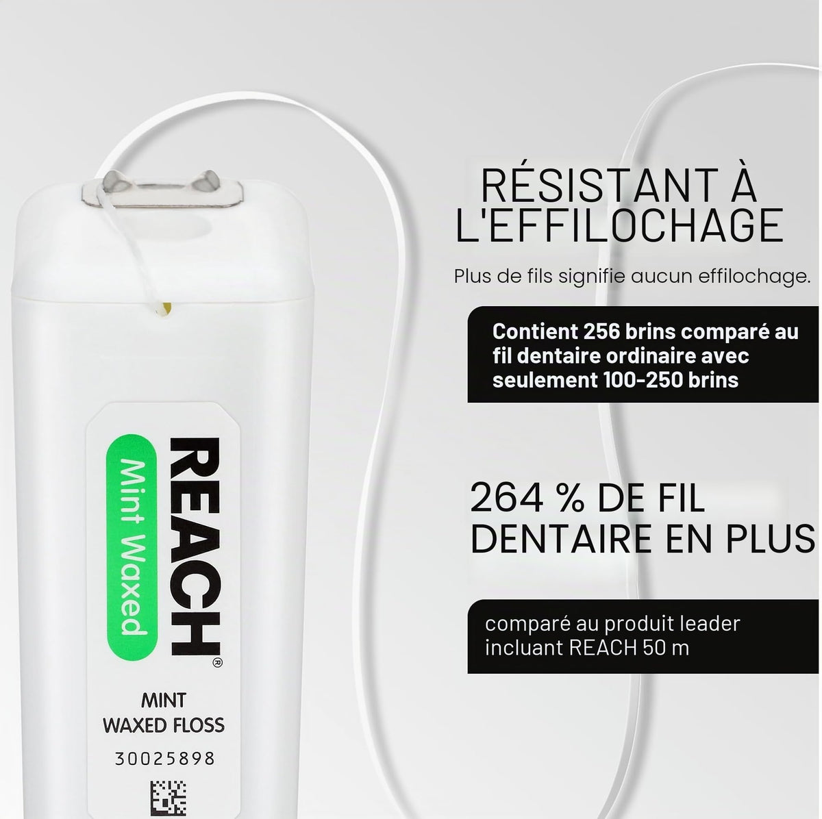 Reach Fil dentaire ciré aromatisé à la menthe pour soins buccaux et retrait de la plaque dentaire et de la nourriture des dents et des gencives, accepté par l'American Dental Association (ADA), saveur menthe rafraîchissante, 188 m (lot de 6)