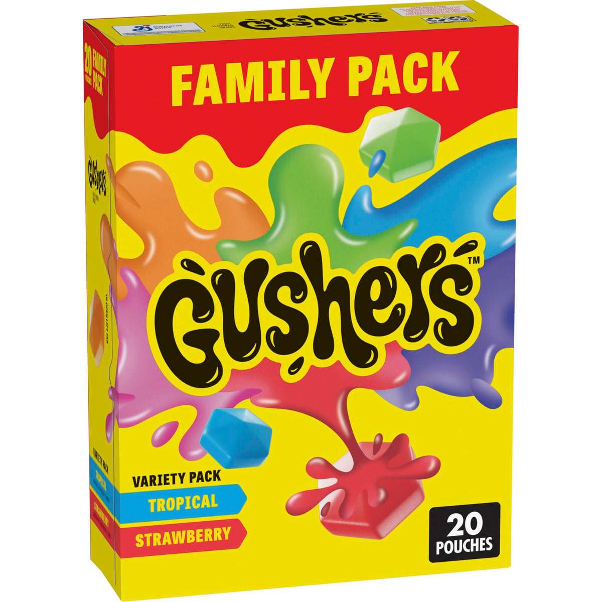 Gushers Paquet familial de collations aromatisées aux fruits, saveurs tropicales et fraises, collation gommeuse sans gluten pour enfants, centre juteux éclatant, source de vitamine C, emballée