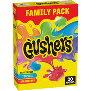 Gushers Paquet familial de collations aromatisées aux fruits, saveurs tropicales et fraises, collation gommeuse sans gluten pour enfants, centre juteux éclatant, source de vitamine C, emballée