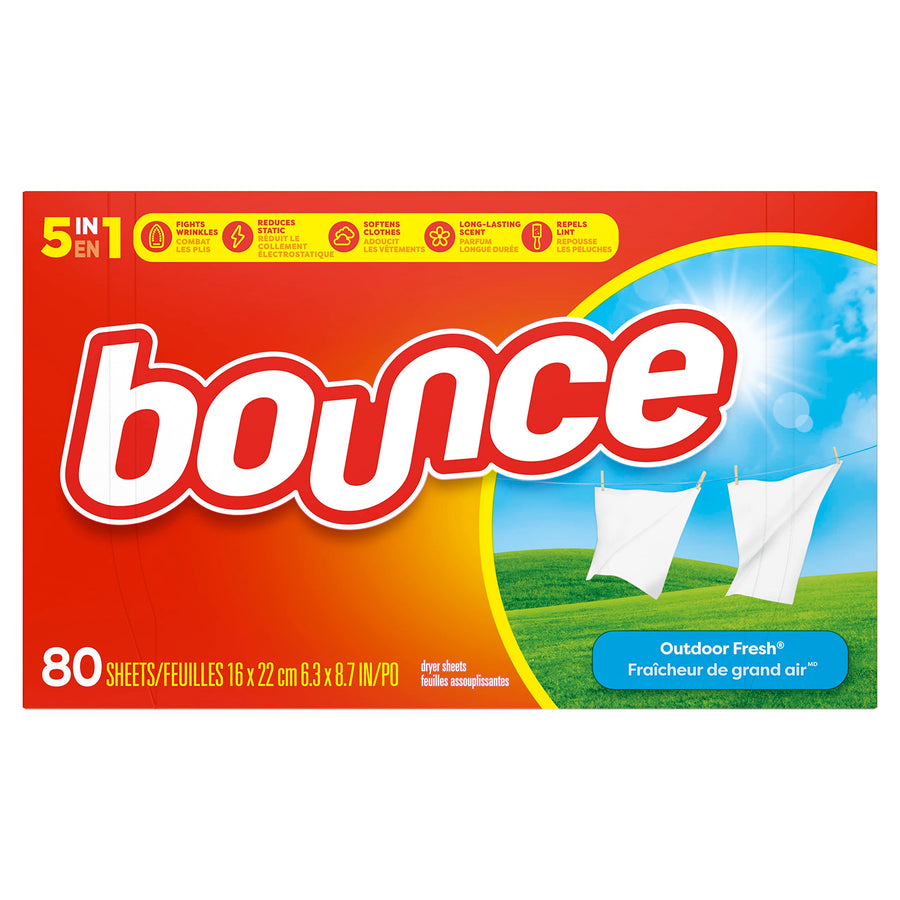 Bounce Lot de 80 feuilles d'adoucissant pour séchage, parfum frais d'extérieur, l'emballage peut varier.